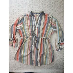 Hint of Blush Boho Striped Peasant Blouse Tie Waist Top Size L